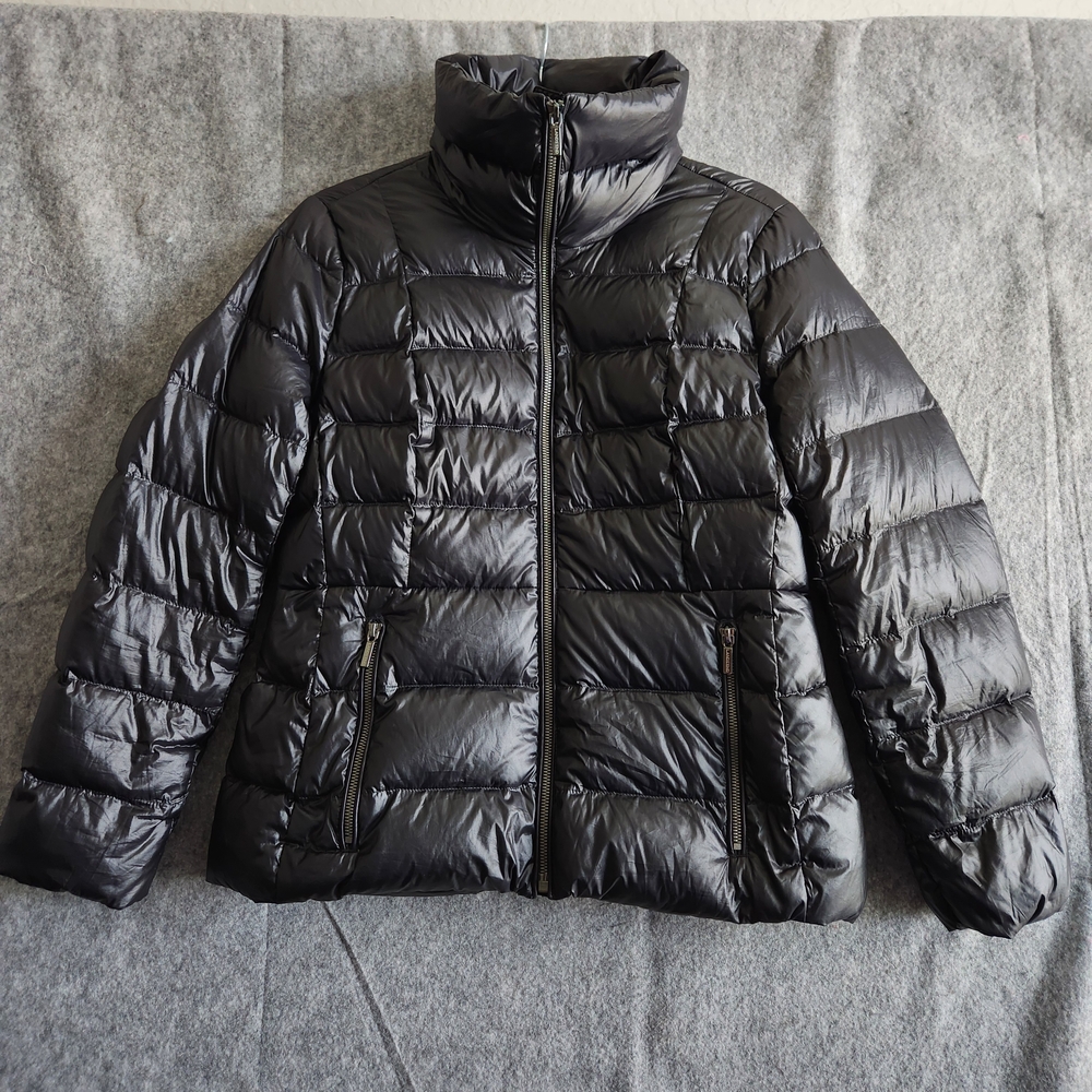 Lands End Vintage Down Puffer Jacket Women's 10P Petite Black Full Zip Pockets